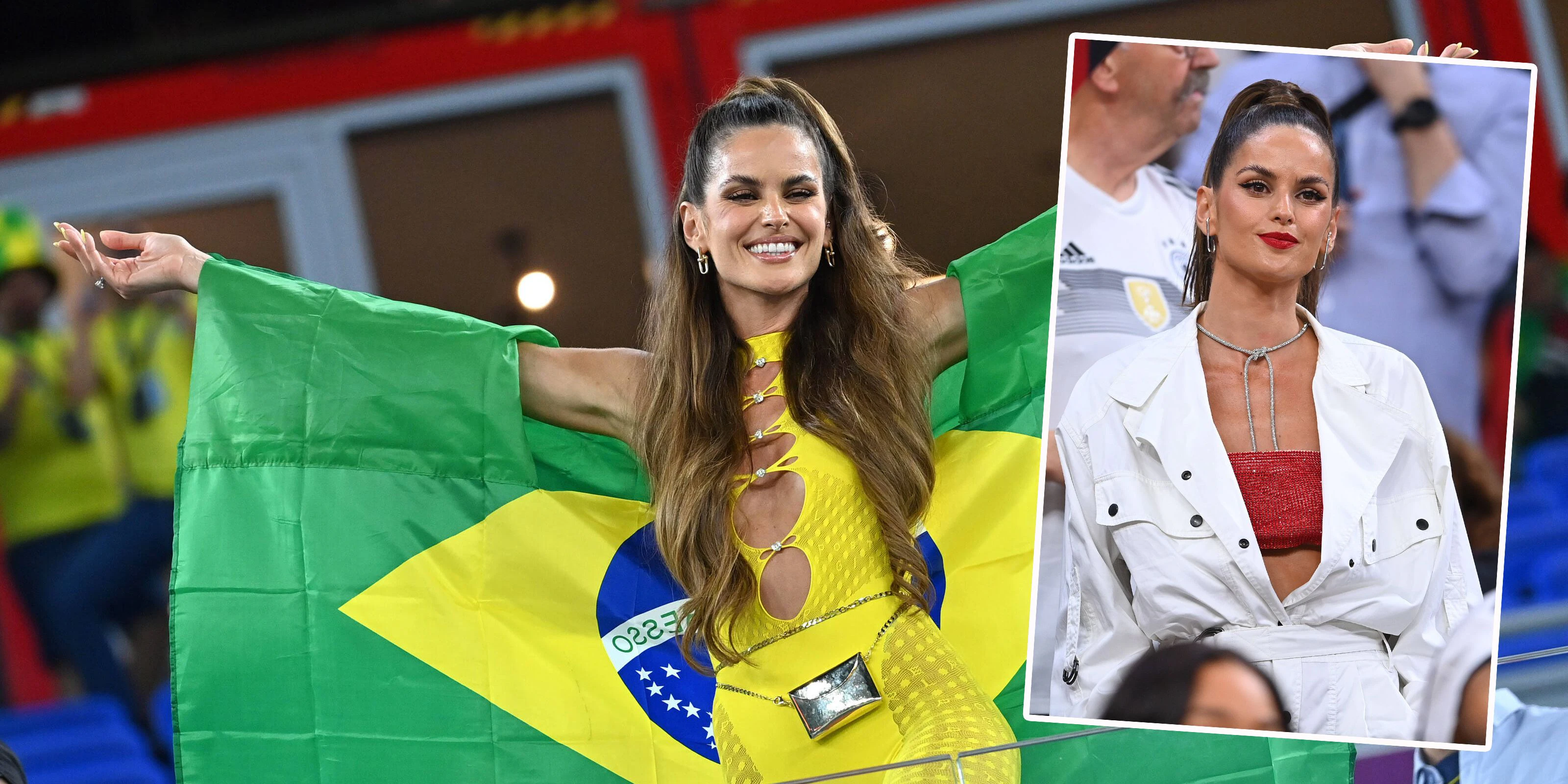 Izabel Goulart im Brasilien-Outfit, rechts wie man sie noch bei den Deutschland-Spielen sah.