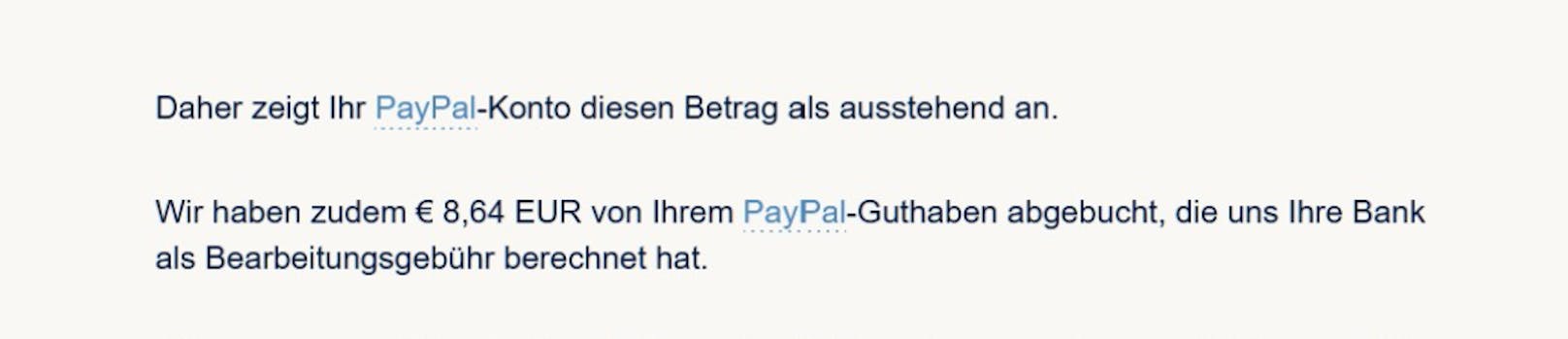 Unkosten von 8,64 Euro, weil Abbuchung nicht geklappt hat.