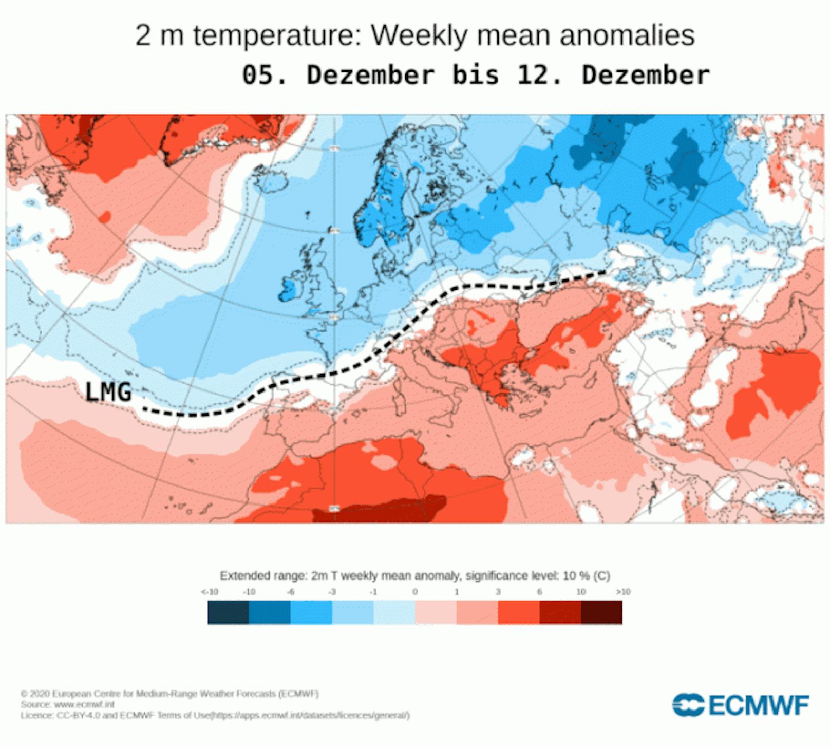 Prognose der wöchentlichen Temperaturanomalien (rot = zu mild, blau = zu kalt) für die kommenden drei Wochen. Auf dem Bild klicken um die Animation zu starten