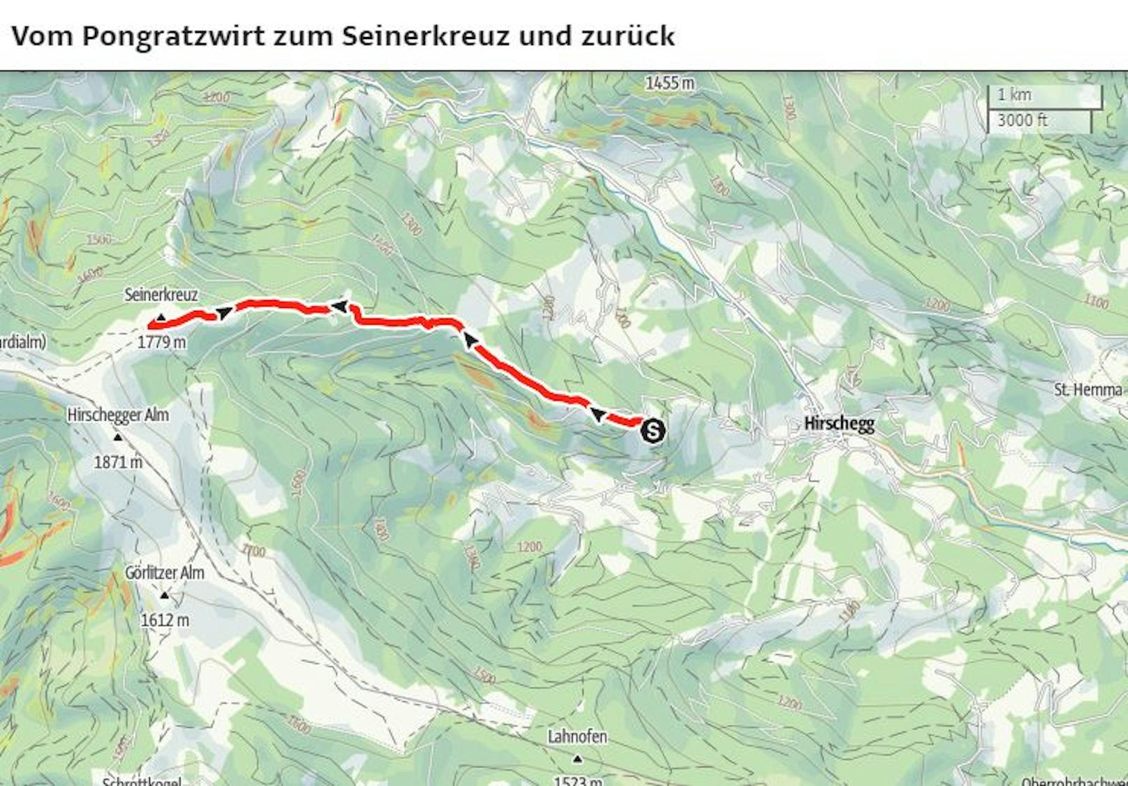 Die beliebte Route zum Seinerkreuz startet oft beim Pongratzwirt oder direkt in Hirschegg-Pack beim Sprengerwirt.