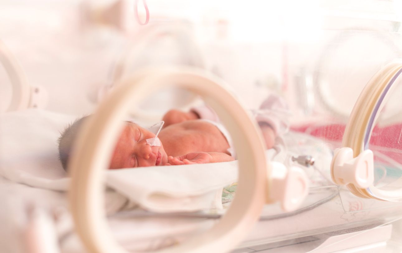 Premature newborn  baby girl in the hospital incubator after c-section in 33 week