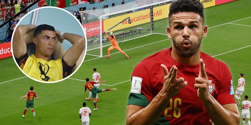 Ronaldo-Ersatzmann Goncalo Ramos schießt das 1:0 gegen die Schweiz.