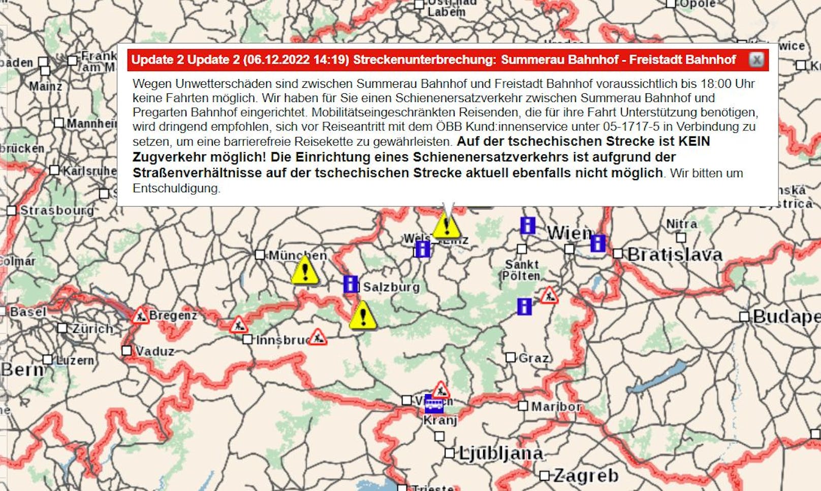 Unwetter-Sperre der ÖBB-Strecke Freistadt-Summerau.