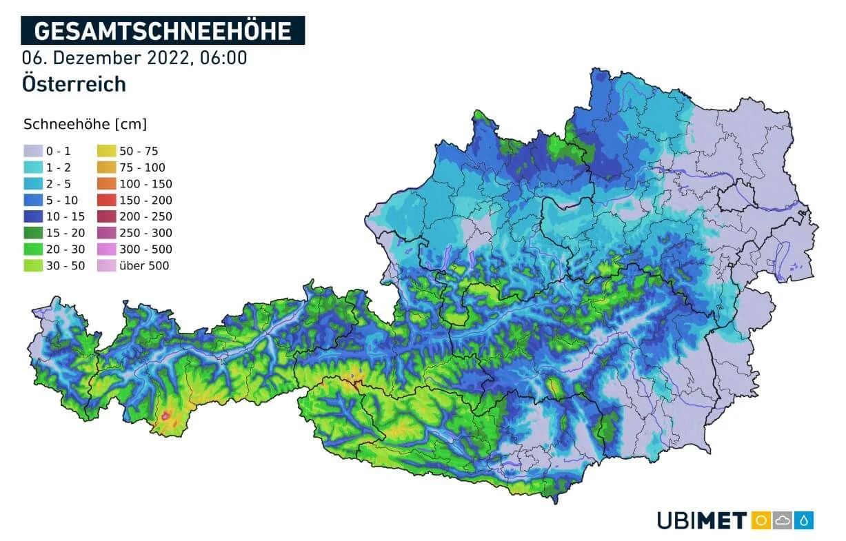 Gesamtschneehöhe in cm am 06.12.2022 um 6 Uhr