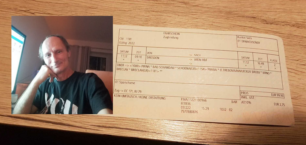 Sven mit Zugticket - in Summe zahlte er rund 200 Euro.