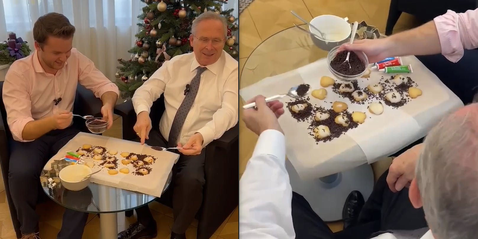 ÖVP-Wien-Chef Karl Mahrer und Harald Zierfuss verzieren Kekse.
