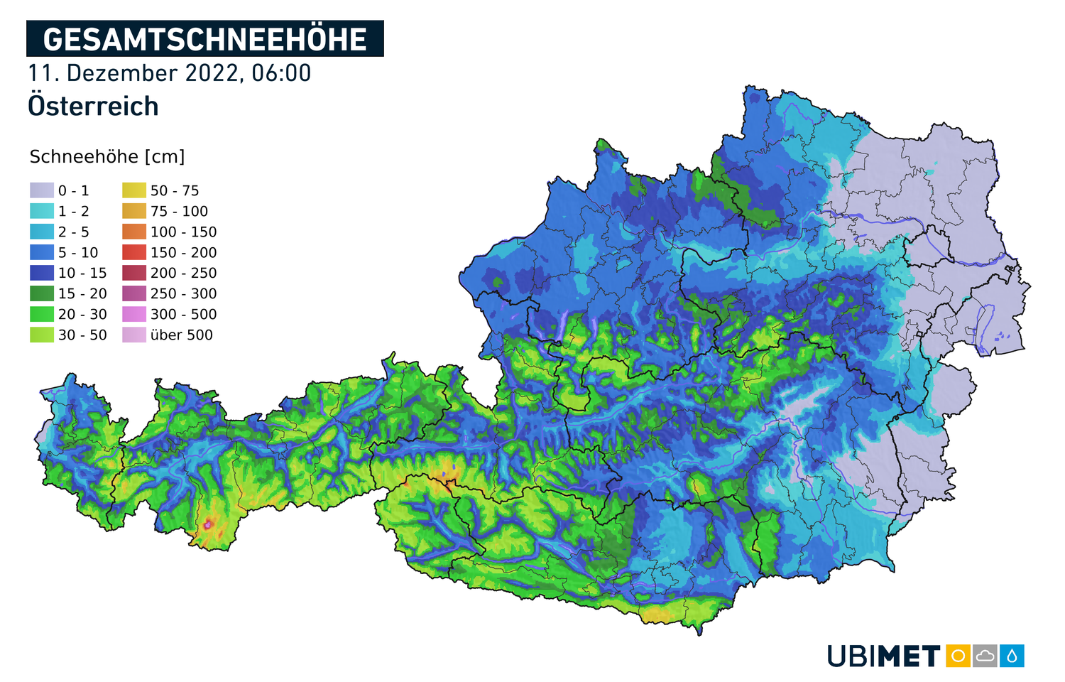 Kumulierte Schneemengen am Sonntag, 11. Dezember 2022. Wien wurde vom Schnee-Hammer gerade so noch gestreift.