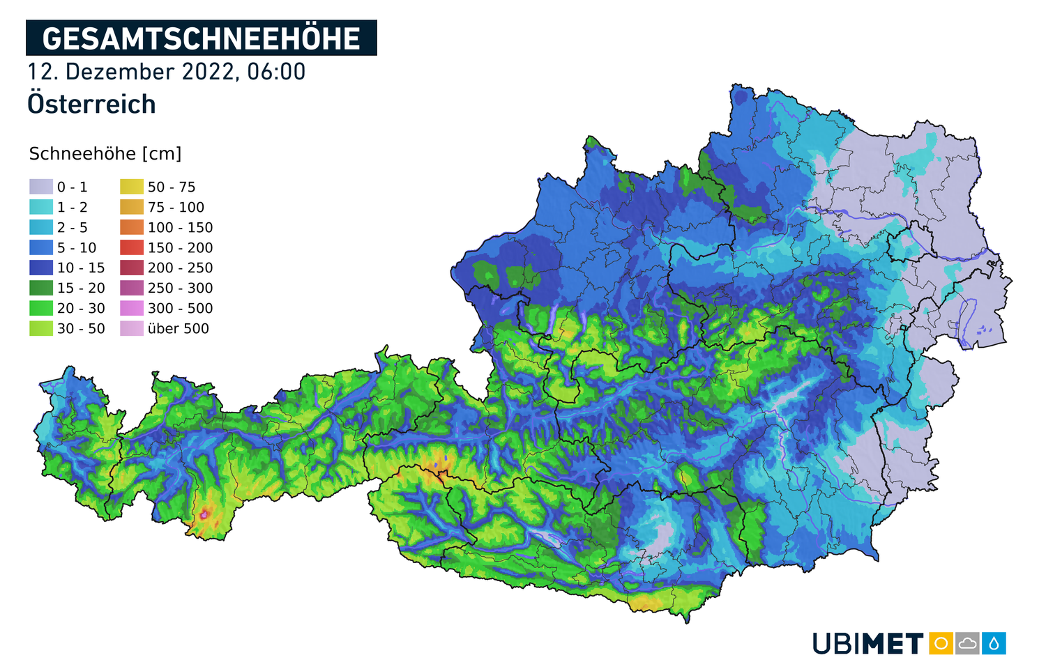 Gesamtschneehöhe in Österreich
