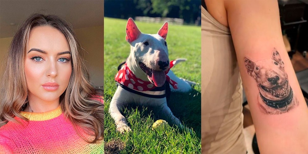 Hundemama Robyn Moscrop traf es schwer, als Bronson, ihr dreijähriger Bullterrier, unerwartet letztes Jahr starb. Jetzt trägt sie seine Asche als Bild auf ihrem Arm.&nbsp;