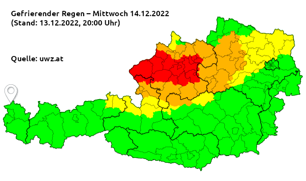 Gefrierender Regen: Warnstufe Rot in weiten Teilen Oberösterreichs am 14. Dezember.