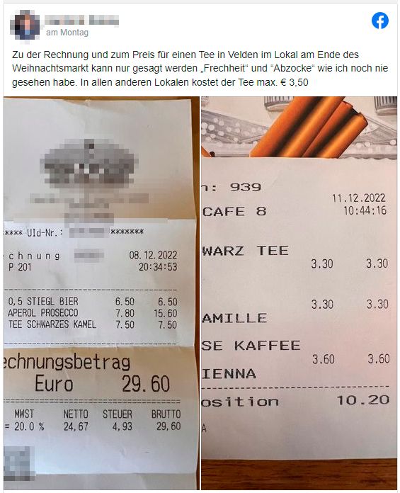 Auf Facebook machte der Lokalgast seinem Ärger über die "Abzocke" Luft.