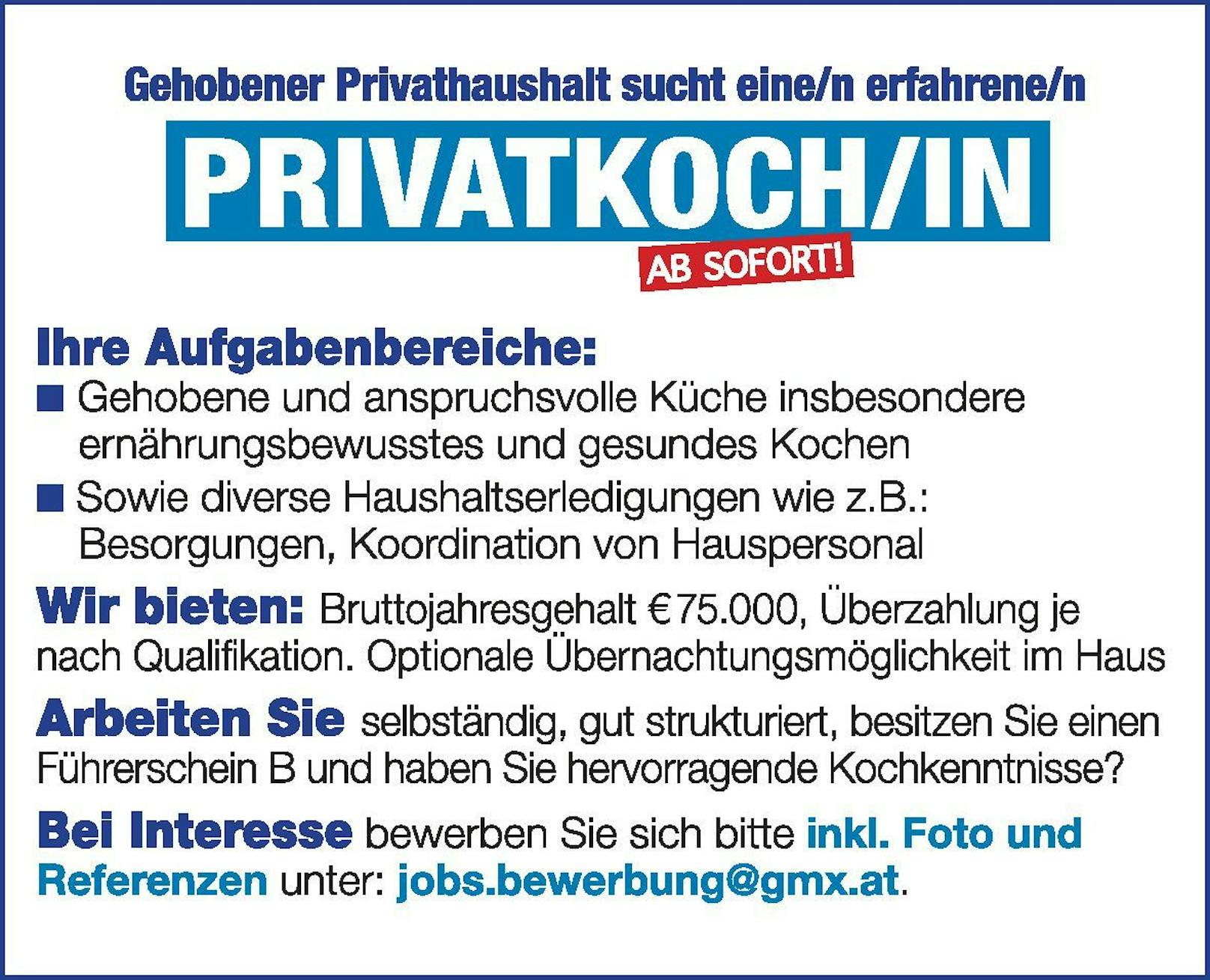 Firma: PRIVATHAUSHALT / Job: Privatkoch/in