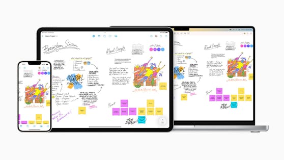 Freeform bietet eine flexible Arbeitsfläche über iPhone, iPad und Mac hinweg und bringt Gesprächsthemen, Inhalte und Ideen zentral an einem Ort zusammen.
