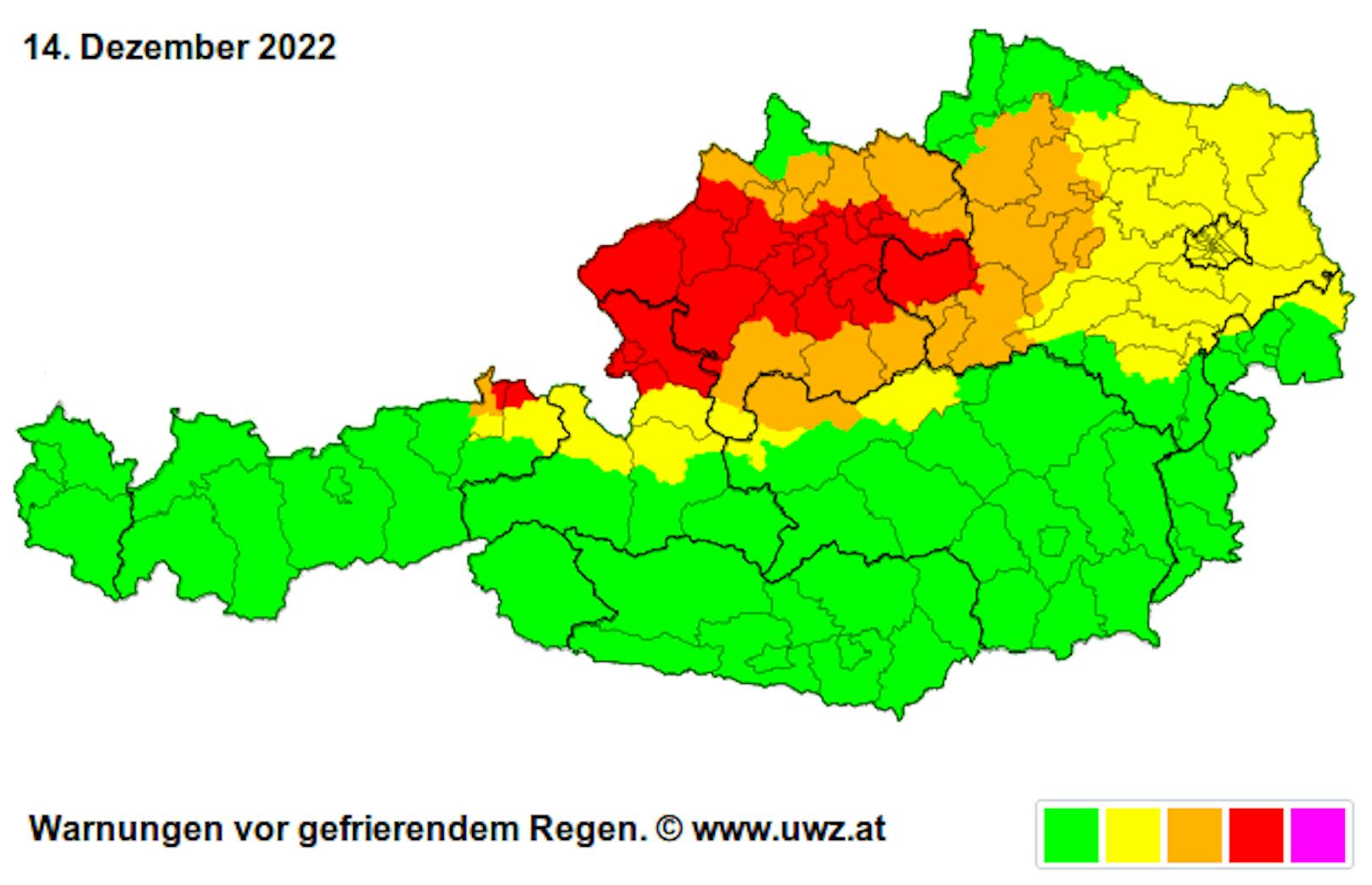 Gefrierender Regen: Warnstufe Rot in weiten Teilen Oberösterreichs am 14. Dezember.