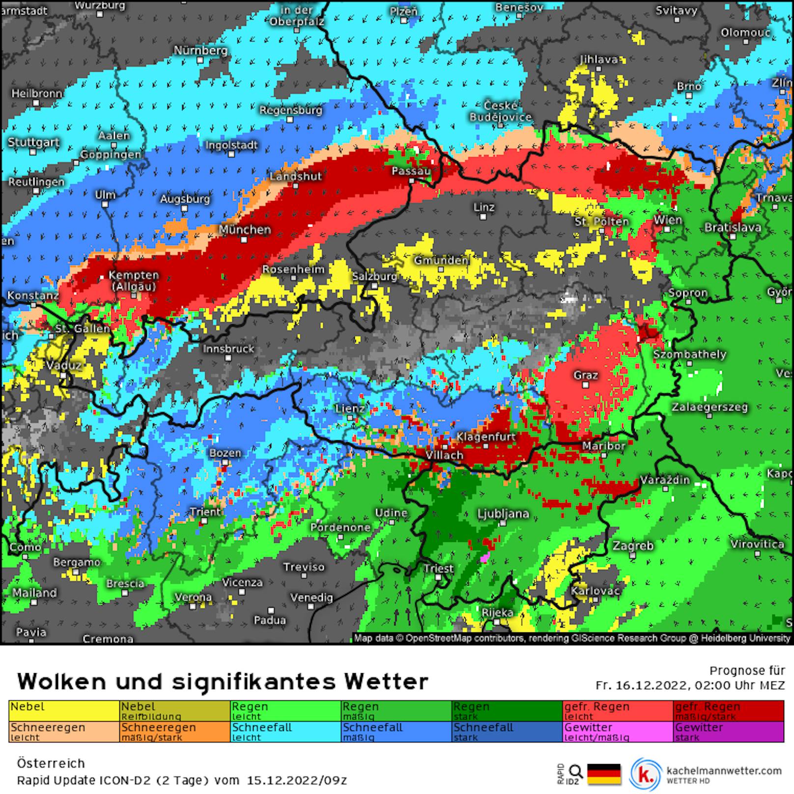 In der Nacht auf 16. Dezember zieht ein <strong>"fetter Eisregen-Streifen"</strong> über Österreich hinweg. <strong>Die Warn-Prognose in Stunden-Schritten zum Durchklicken.</strong><strong></strong>