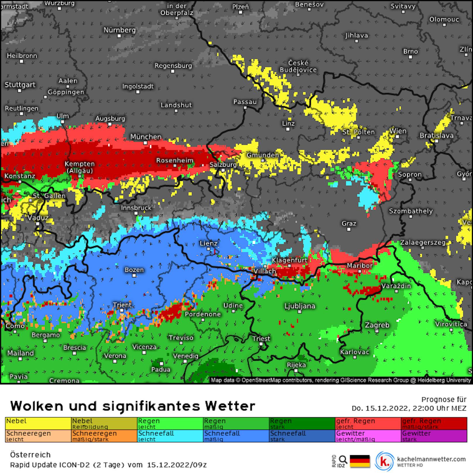 In der Nacht auf 16. Dezember zieht ein <strong>"fetter Eisregen-Streifen"</strong> über Österreich hinweg. <strong>Die Warn-Prognose in Stunden-Schritten zum Durchklicken.</strong>