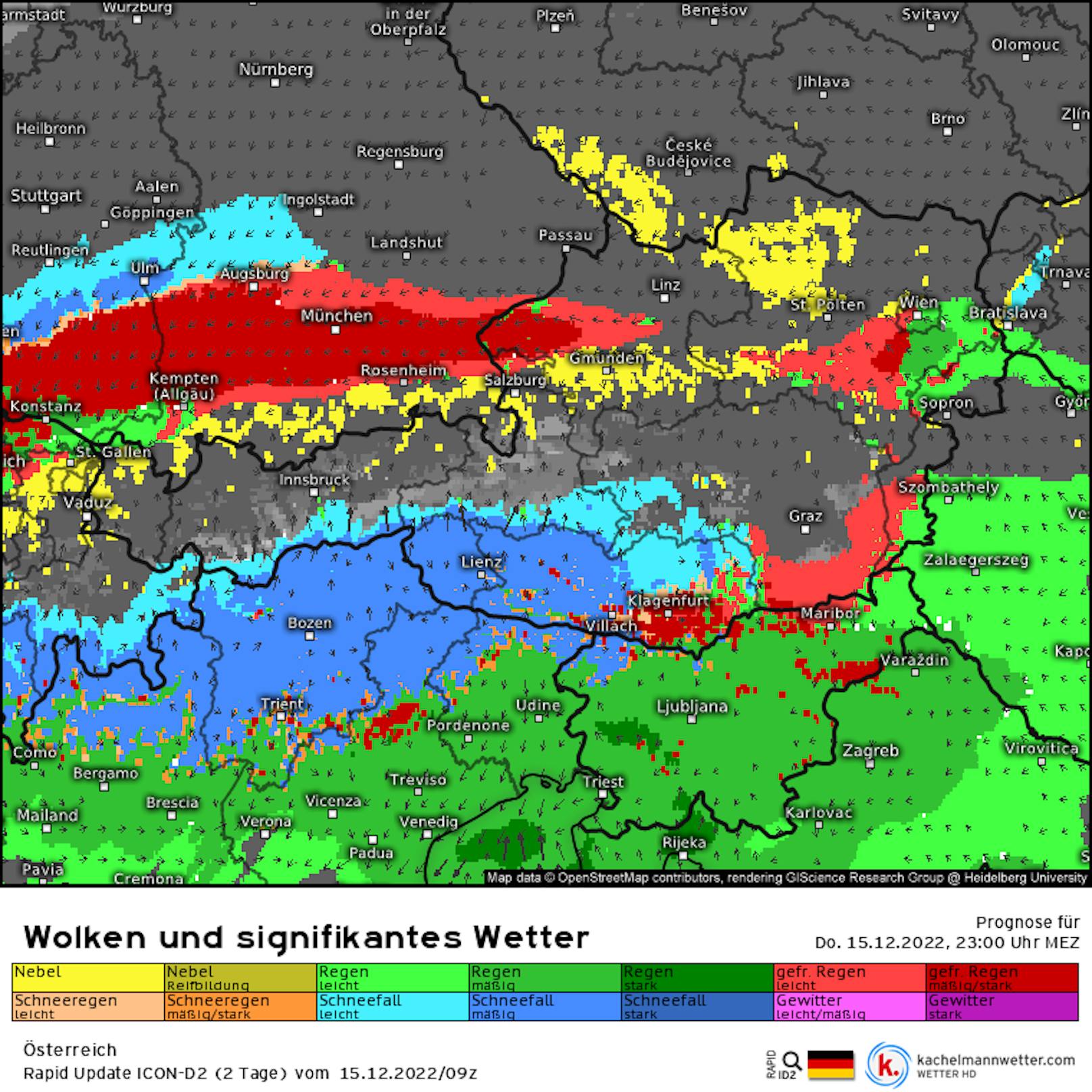 In der Nacht auf 16. Dezember zieht ein <strong>"fetter Eisregen-Streifen"</strong> über Österreich hinweg. <strong>Die Warn-Prognose in Stunden-Schritten zum Durchklicken.</strong><strong></strong>