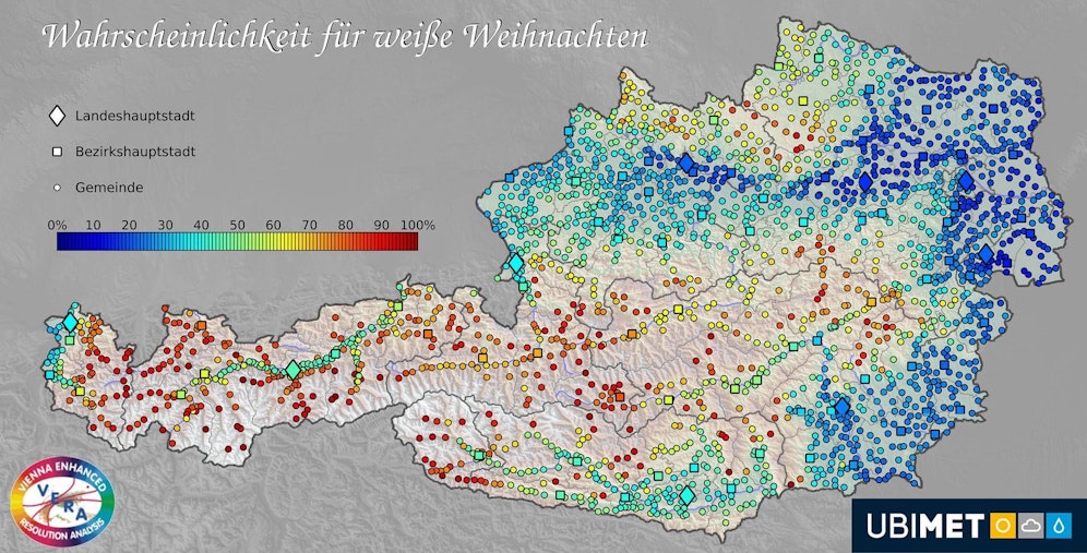 So sieht grundsätzlich die Wahrscheinlichkeit für weiße Weihnachten aus – heuer ist die Prognose noch schlechter.