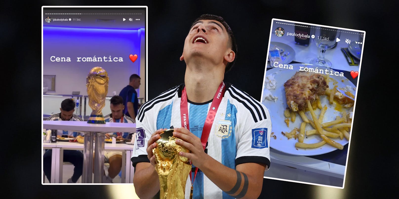 Paulo Dybala jubelt mit dem WM-Pokal, zeigt das "romantische Dinner" in der Kabine.