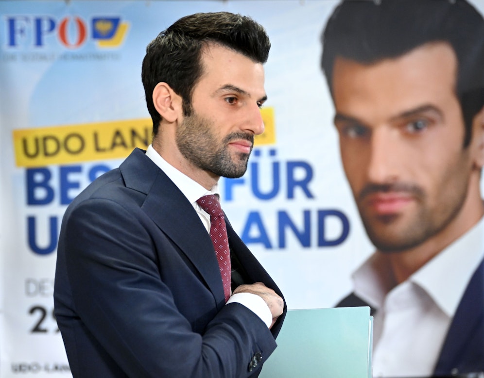 Landesparteichef Udo Landbauer im Rahmen einer PK der FPÖ Niederösterreich im Vorfeld der NÖ Landtagswahl mit dem Titel 