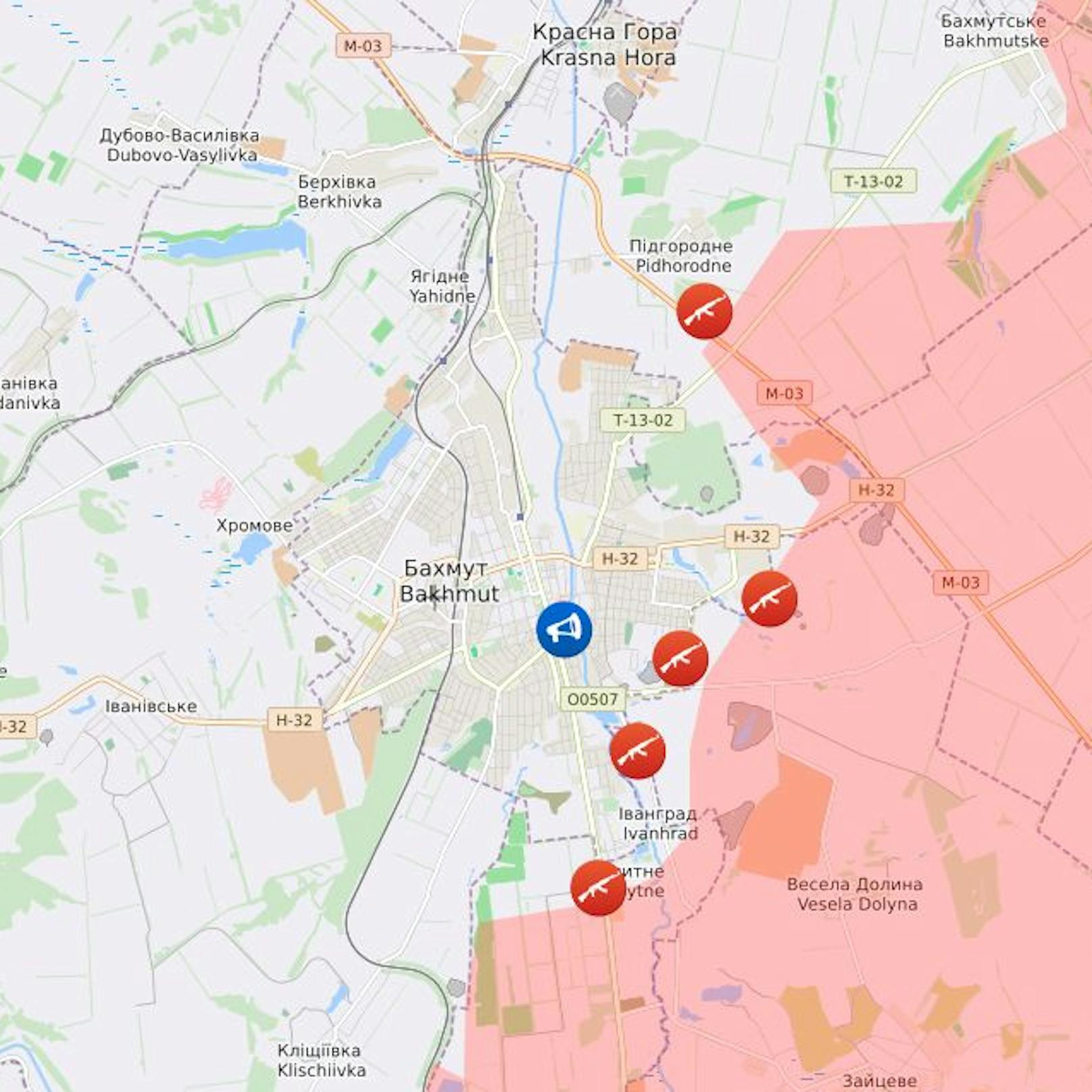 Um die Stadt Bachmut wird seit Monaten heftigst gekämpft. Die Russen (rot) sind mit 20.12. bereits bis an den Stadtrand herangerückt.