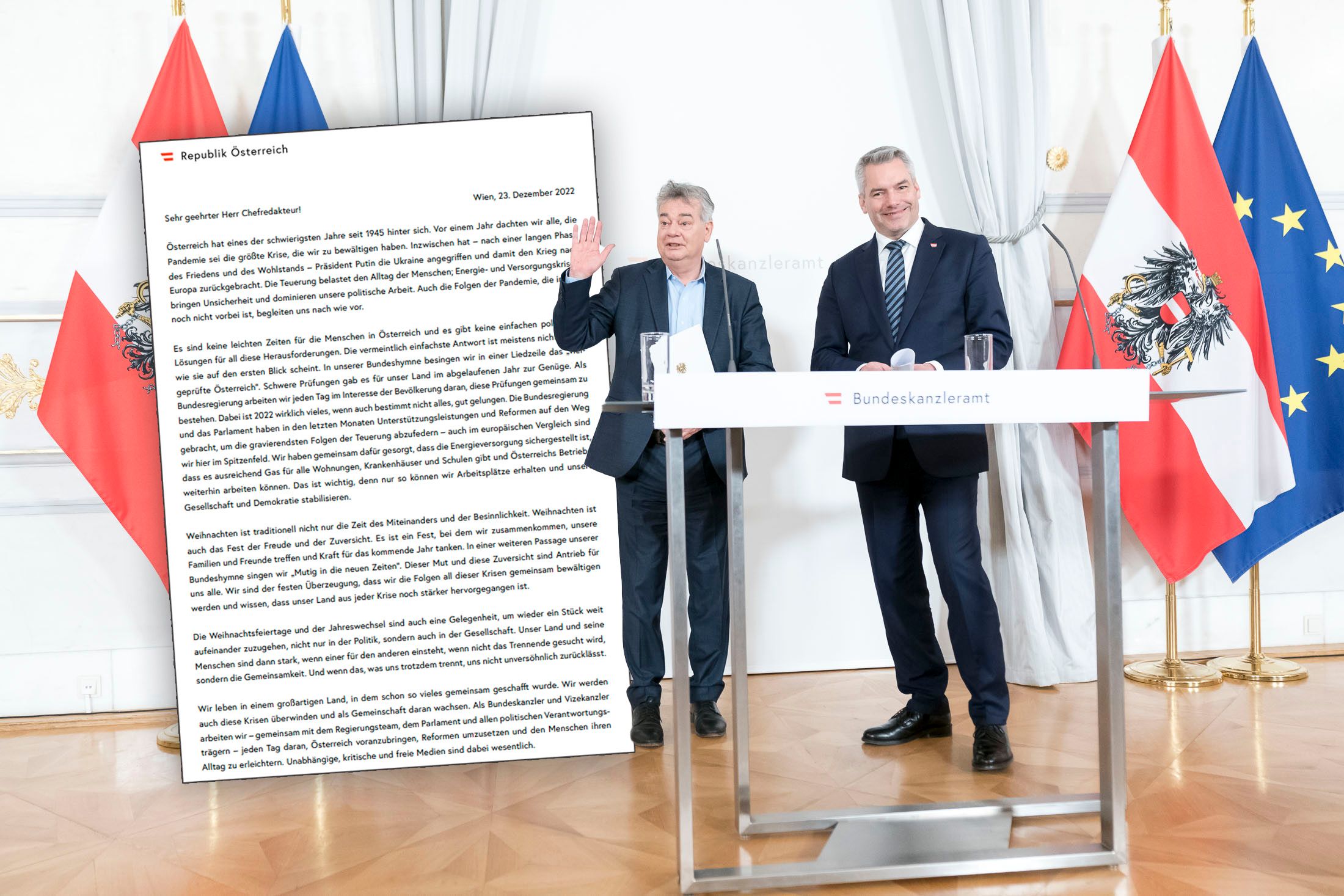 Kanzler Karl Nehammer und Vize Werner Kogler schreiben den Österreichern zu Weihnachten einen Brief. 