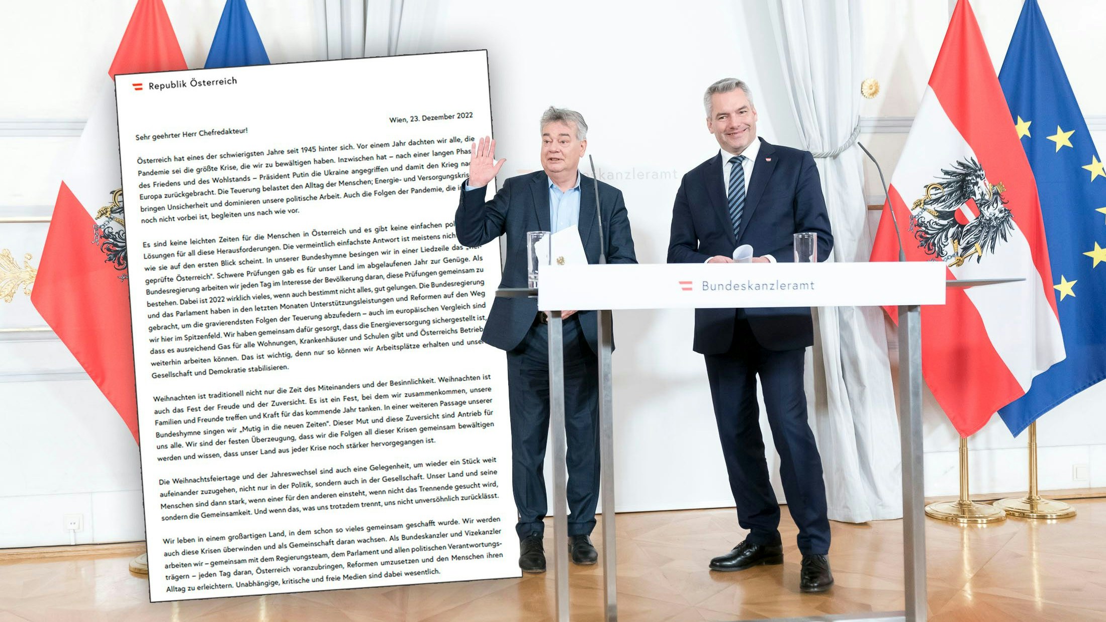 Kanzler Karl Nehammer und Vize Werner Kogler schreiben den Österreichern zu Weihnachten einen Brief. 