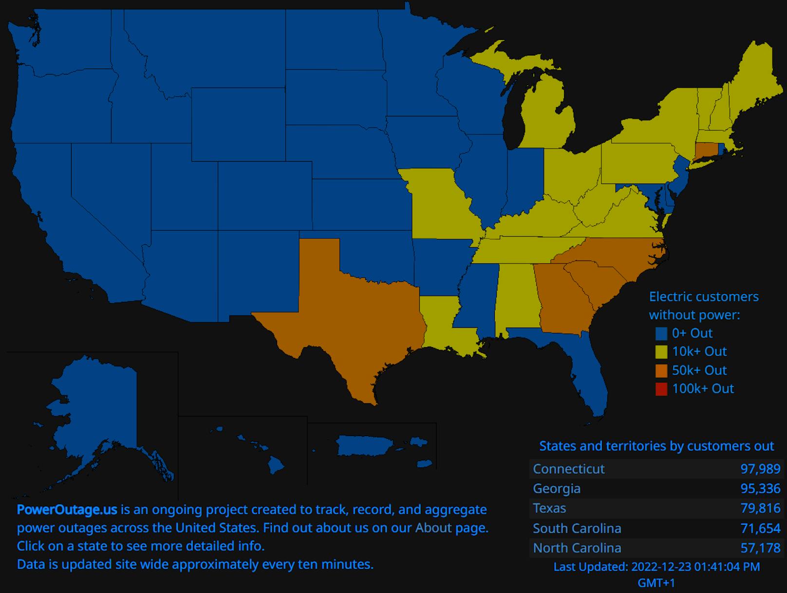 Diese Karte zeigt, wo in den USA zurzeit Stromausfälle registriert wurde und wie viele Haushalte davon betroffen sind.