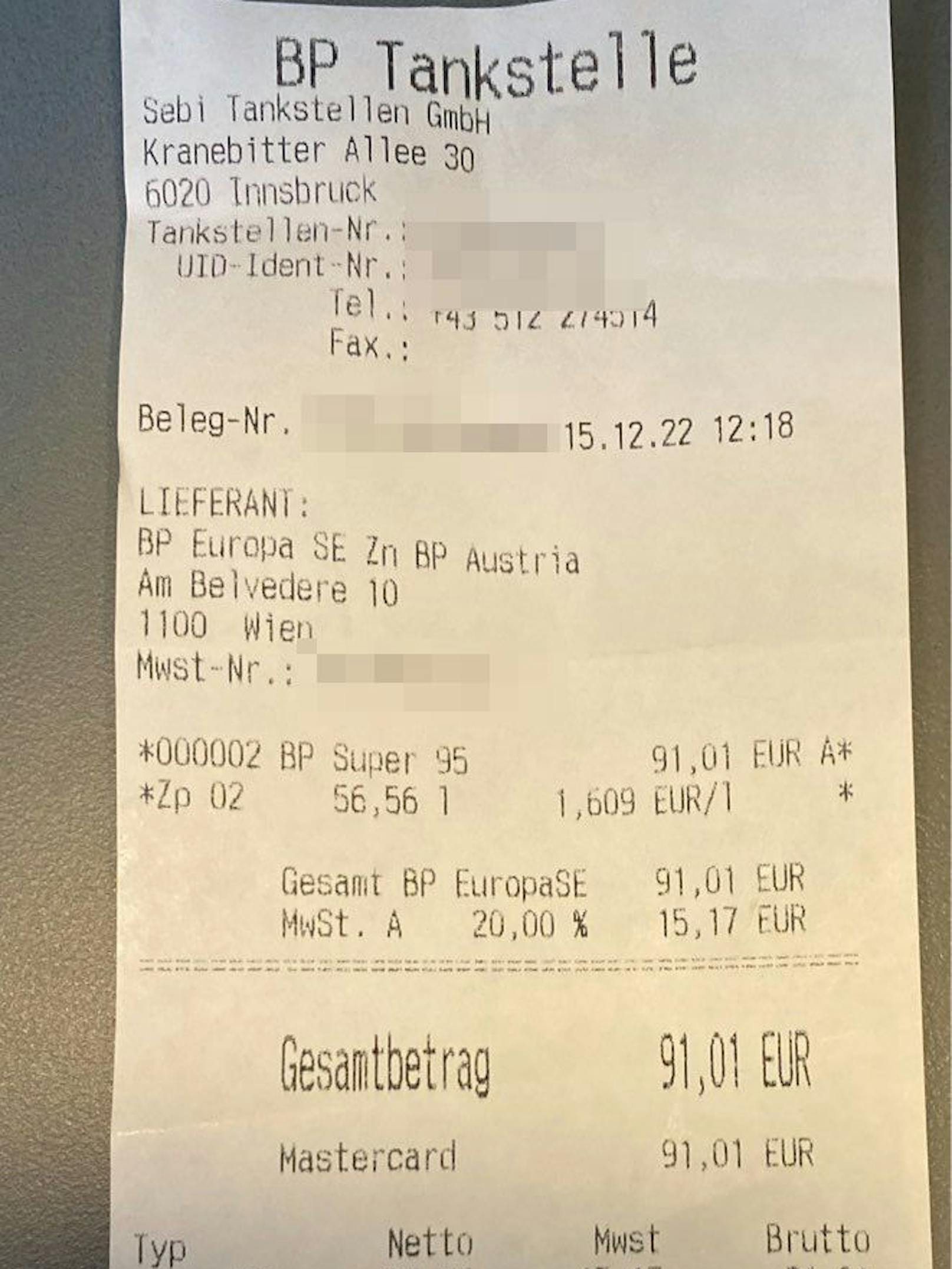 56,56 Liter Benzin hätten ihn eigentlich rund 91 Euro kosten sollen, aber ...