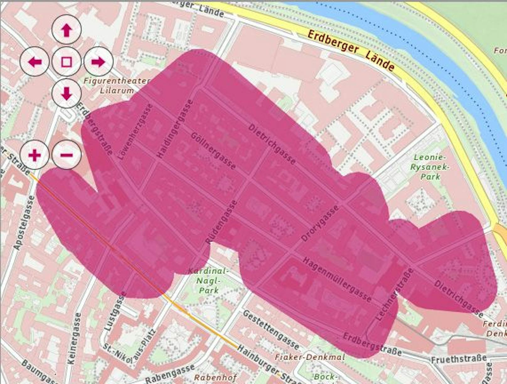 Die Störungs-Grafik der Wiener Netze zeigt die Gebiete in Wien-Erdberg, die vom Stromausfall betroffen waren.