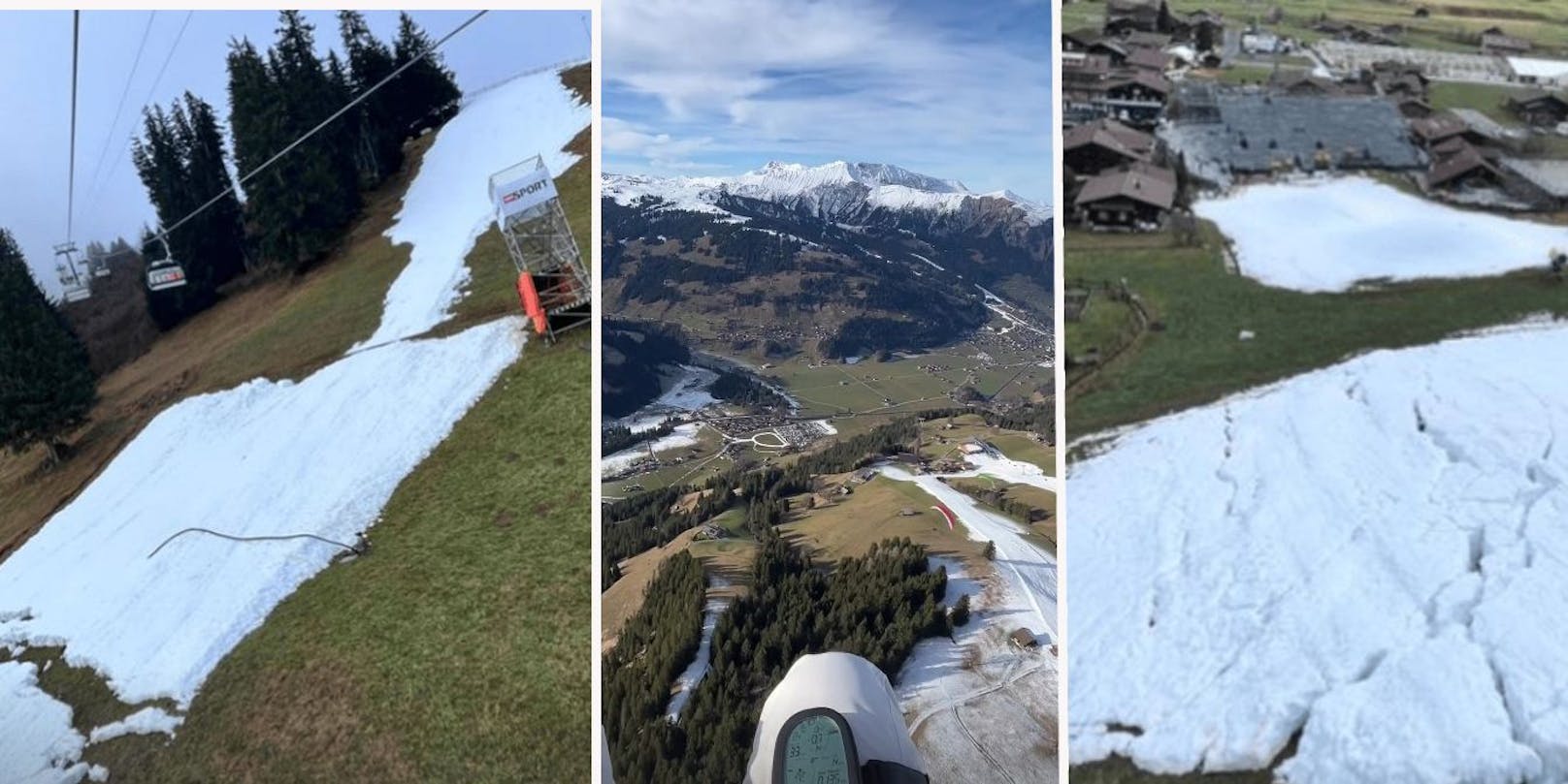 Ex-Ski-Star Tina Weirather beim Paragleiten in der Luft und vom Lift aus: Schneemangel in Adelboden.