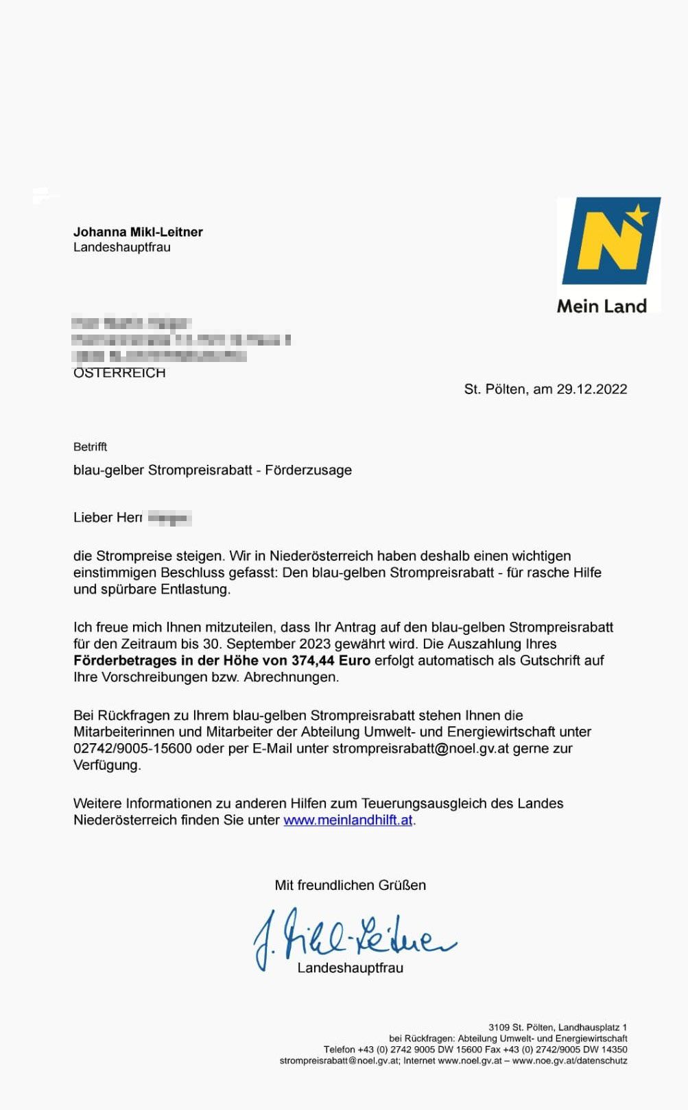 Das Schreiben des Landes über die Gewährung der Förderung.