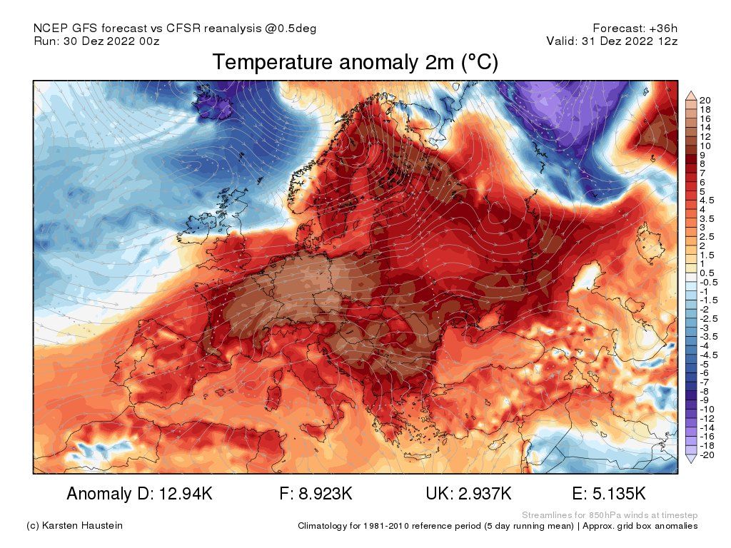 Die Temperaturabweichungen in Europa am 31. Dezember 2022