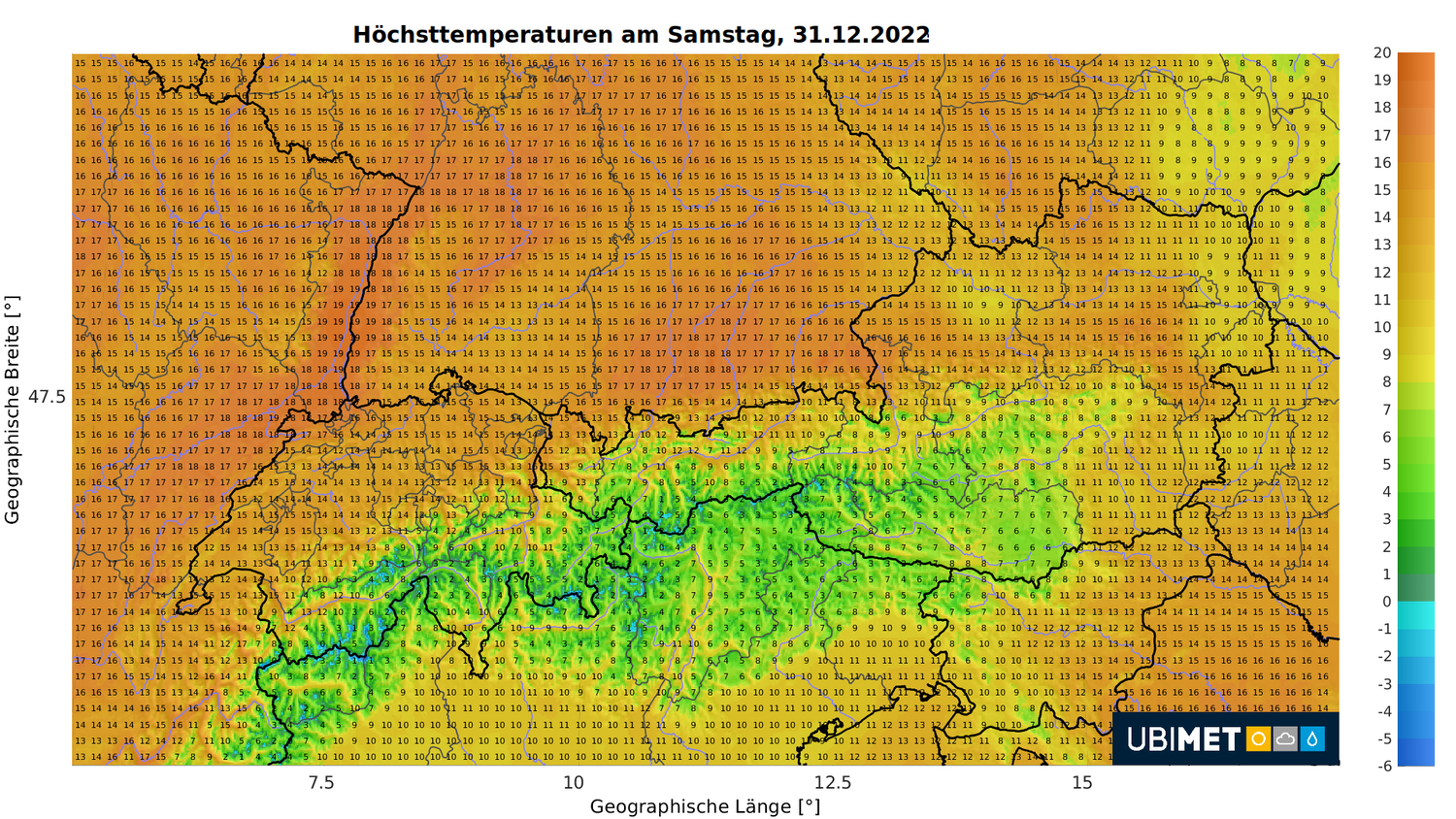 Höchsttemperaturen am 31. Dezember in Österreich