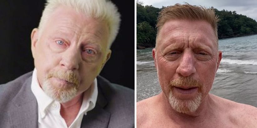 Boris Becker vor dem Haftantritt in einer Apple-TV+-Doku und nach der Haft am Strand.