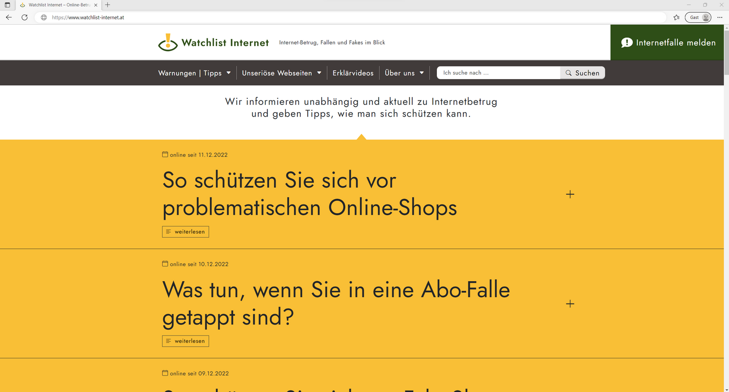 Warnungen und Tipps auf einen Blick – www.watchlist-internet.at.