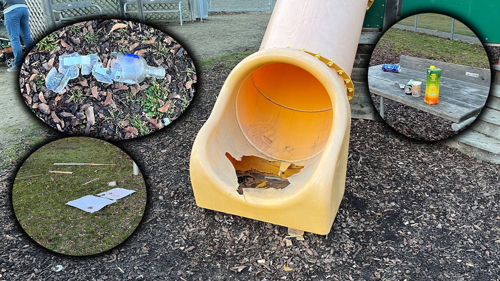 Zersprengte Rutschen, zerbrochene Vodkaflaschen und Pizzakartons: Der Spielplatz ist für Kinder nicht betretbar.
