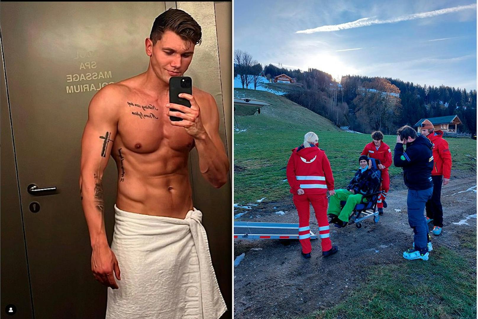 Fitness-Freak "Mister Austria" Roman Schindler (li.) verletzte sich an seinem ersten Ski-Urlaubstag in Schladming (Stmk.) schwer (re.).