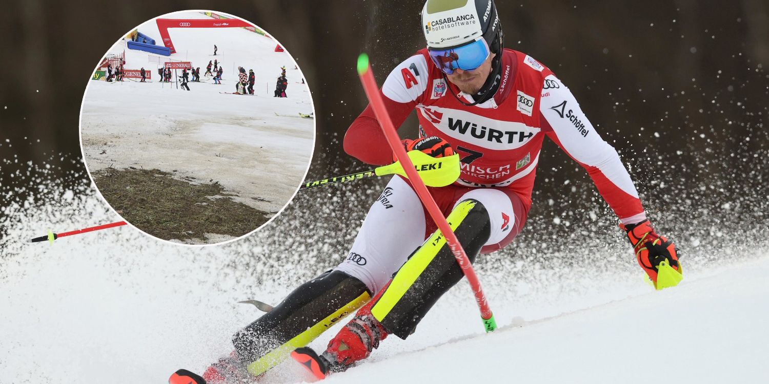 Manuel Feller in Garmisch, unter dem Schnee blitzt Gras durch.