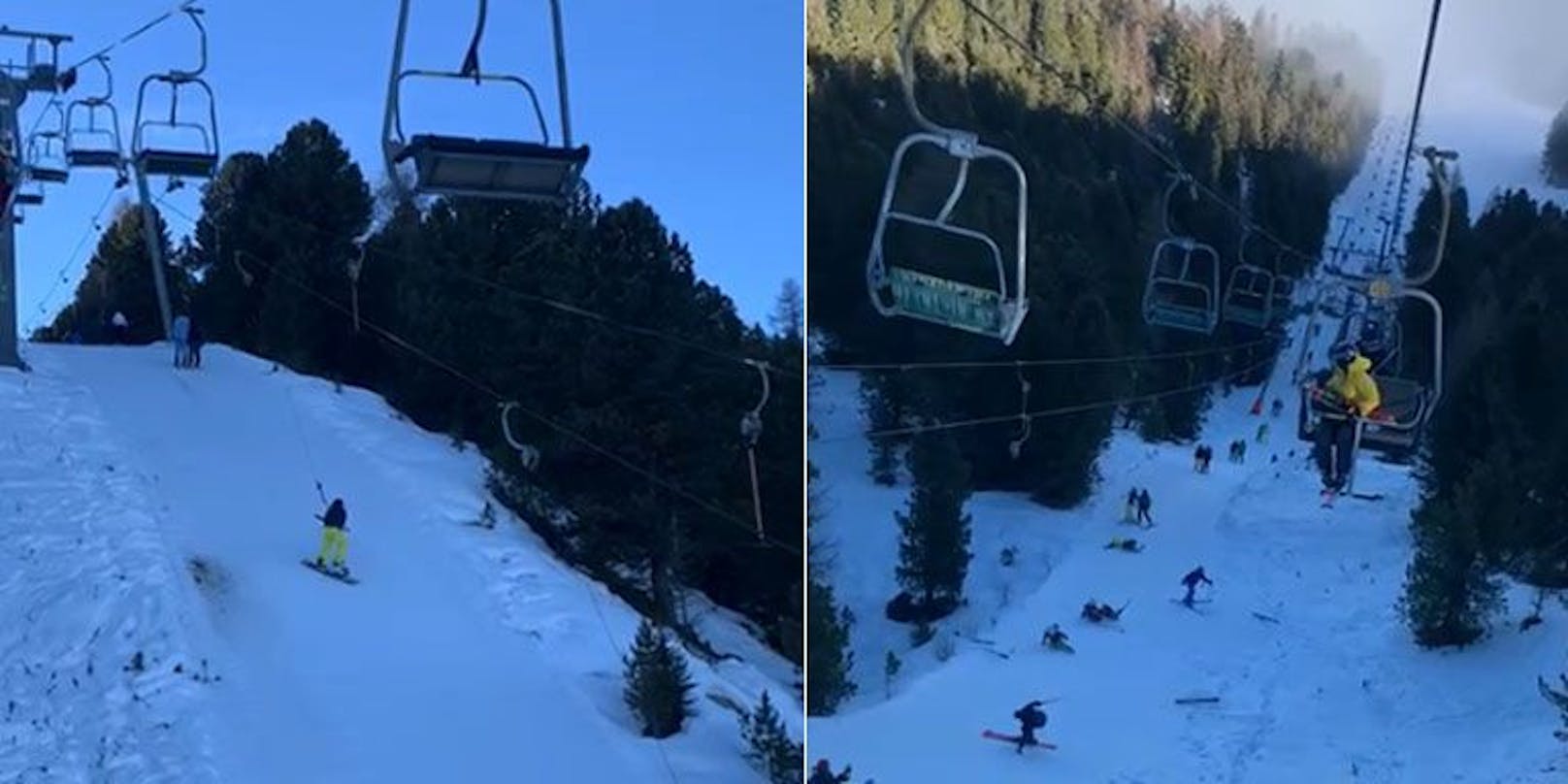 Snowboarder strauchelt am Schlepplift, mäht alle nieder