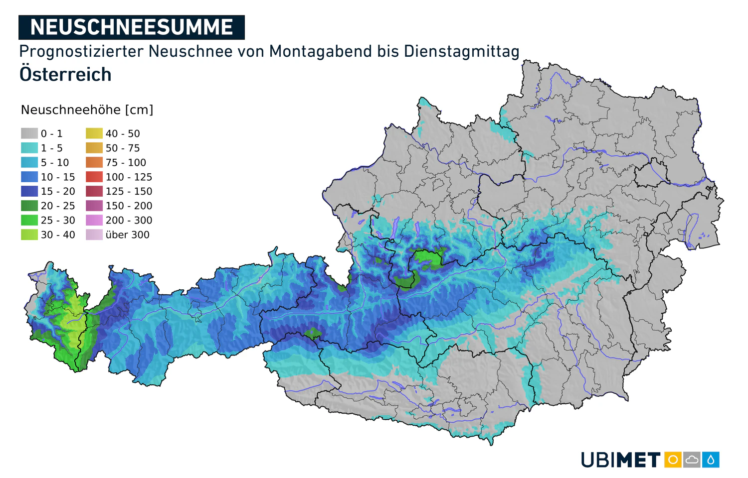 Der Schnee-Fokus von Montagabend bis Dienstagmittag, relevant für die Täler durch kältere Luft und niedrigere Schneefallgrenze.