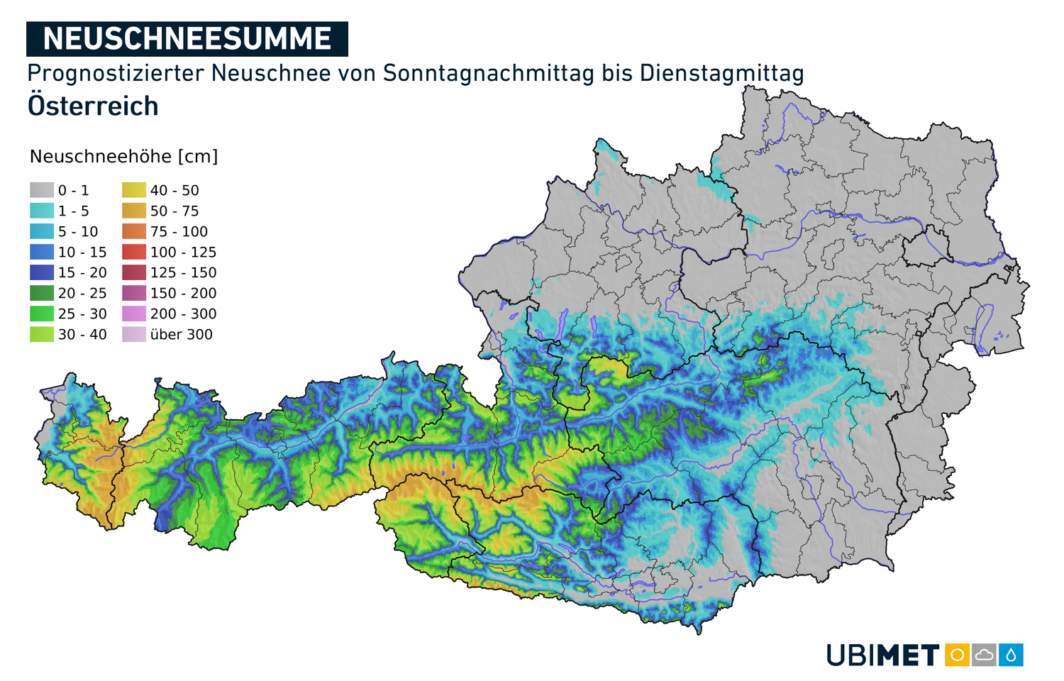 Prognostizierter Neuschnee von Sonntagnachmittag bis Dienstagmittag. 