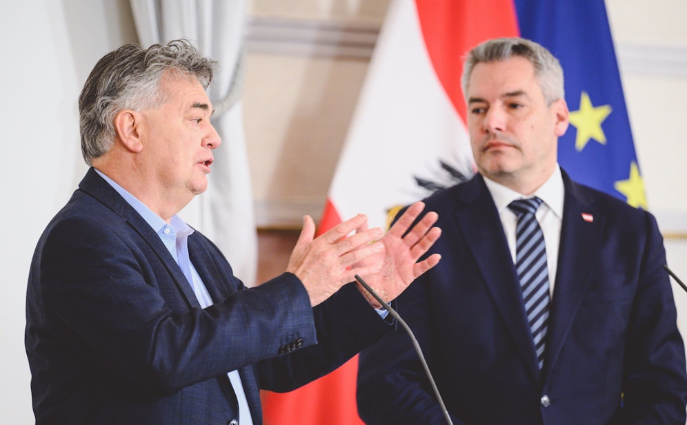 Bundeskanzler Karl Nehammer und Vizekanzler Werner Kogler laden zur Regierungsklausur.