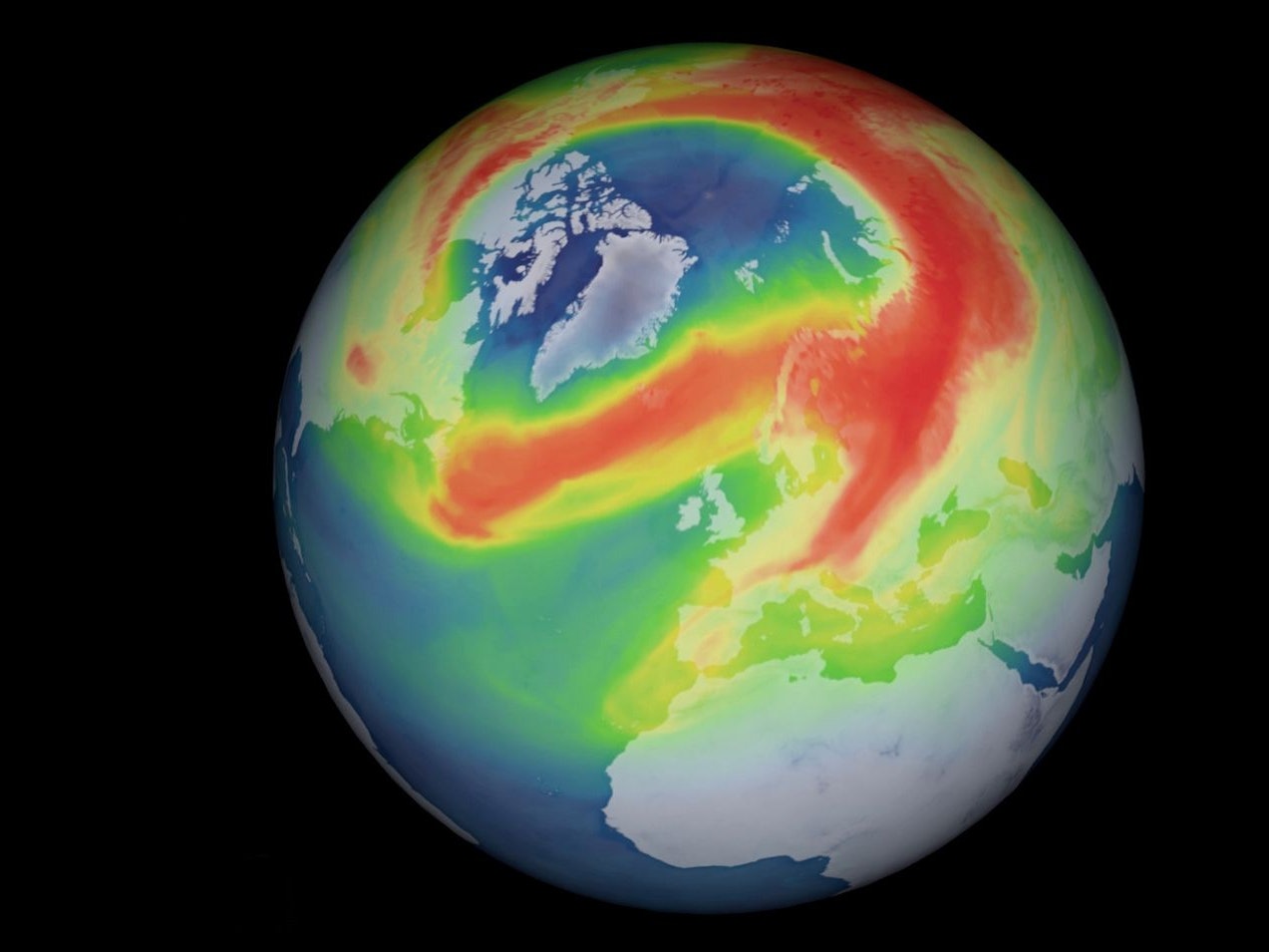 Download von www.picturedesk.com am 09.01.2023 (18:06).  This image may not be used to state or imply ESA endorsement of any company or product .Satellite image of a hole in the ozone (blue) over the Arctic (top centre) in March 2020. Ozone layer thicknesses are colour coded from blue (lowest) through green and yellow to red (highest). Levels of ozone normally deplete in the Arctic over the winter due to colder temperatures, but this depletion is the largest seen in recent years. This Arctic hole, measuring less than one million square kilometres, is dwarfed by the Antarctic hole, which reached a maximum of around 25 million square kilometres in October 2020.The amount of ozone depleting substances have decreased from peak levels in 2000. Image data obtained by the Copernicus Sentinel-5P satellite's Tropomi (Tropospheric Monitoring Instrument). - 20220113_PD0738 - Rechteinfo: Rights Managed (RM)