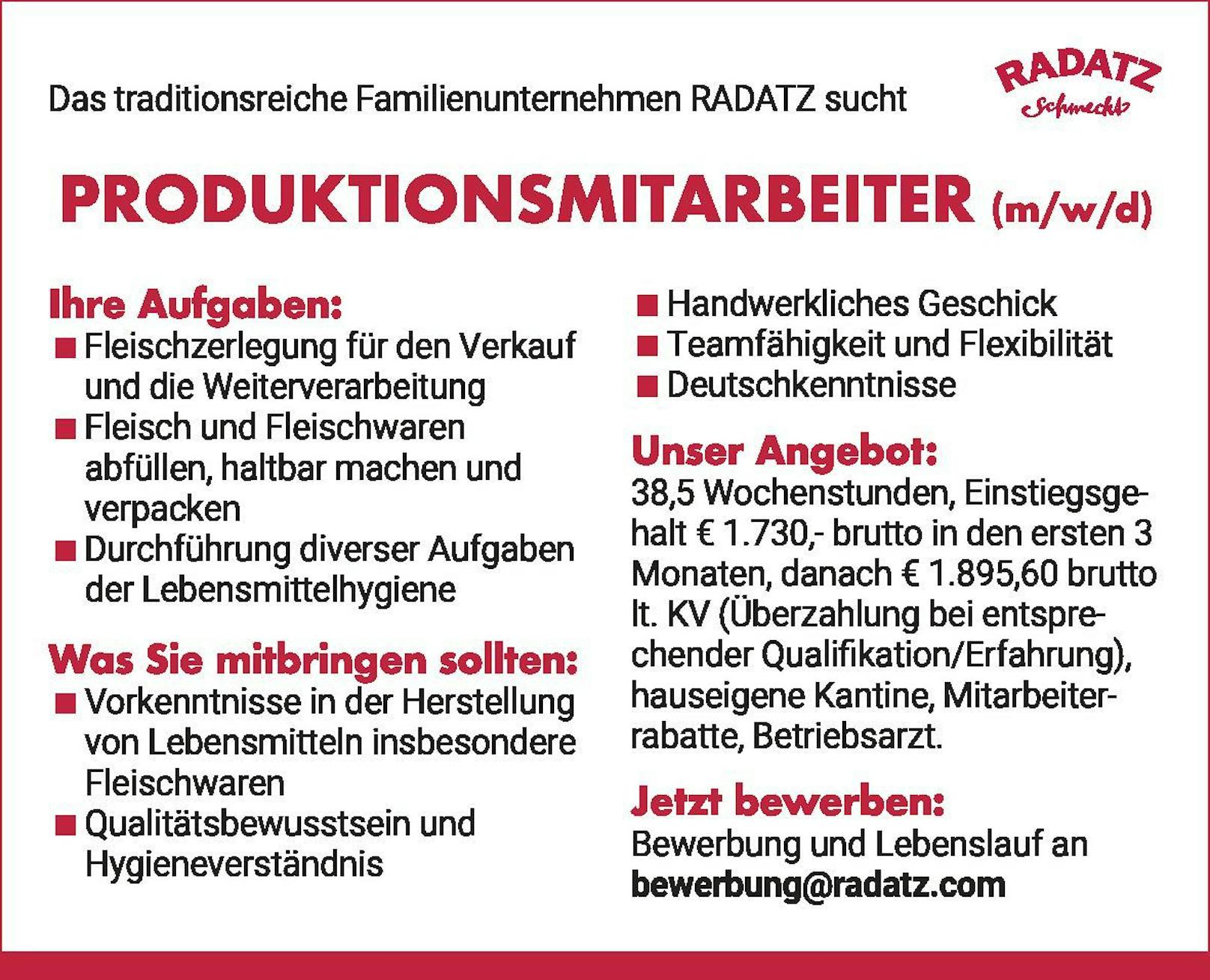 Firma: RADATZ / Job: Produktionsmitarbeiter (m/w/d)