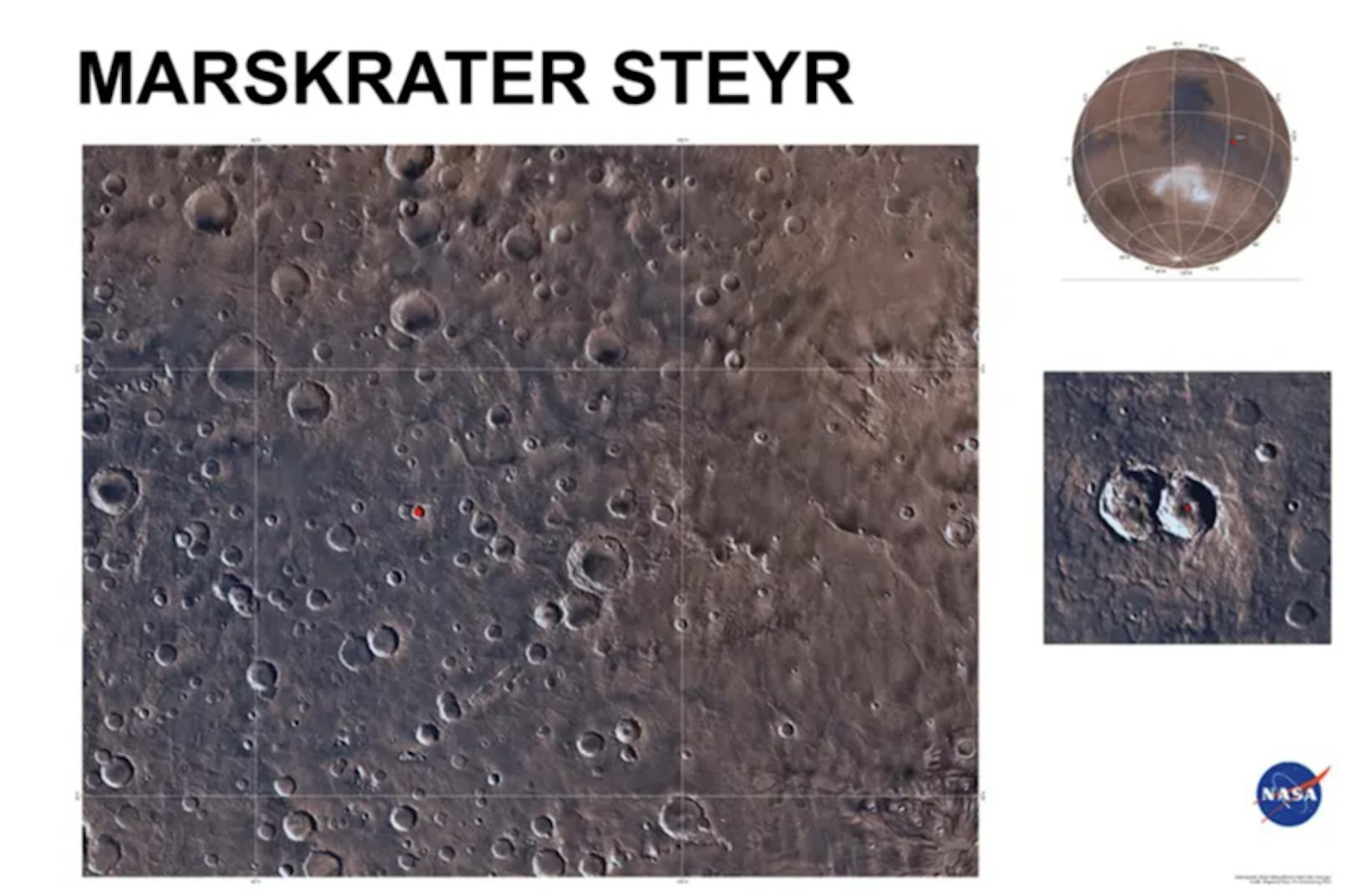 Die Krater "Steyr" und "Enns" dicht nebeneinander auf der Süd-Halbkugel des roten Planeten.