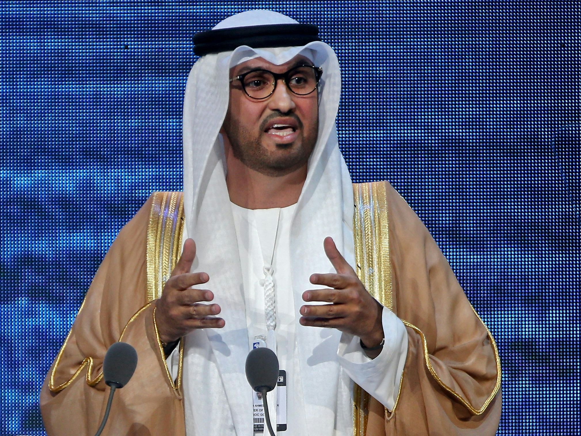 Download von www.picturedesk.com am 12.01.2023 (14:48).  (FILES) In this file photo taken on November 11, 2019, the United Arab Emirates' minister of state and CEO of the Abu Dhabi National Oil Company (ADNOC), Sultan Ahmed al-Jaber, addresses the opening ceremony of the Abu Dhabi International Petroleum Exhibition and Conference (ADIPEC) in the Emirati capital. - The head of the United Arab Emirates' national oil company was named as president of this year's COP28 climate talks on January 12, 2023, promising a "pragmatic" approach to climate action. (Photo by AFP) - 20191111_PD17783 - Rechteinfo: Rights Managed (RM) Nur für redaktionelle Nutzung! Werbliche Nutzung erfordert Freigabe: bitte schicken Sie uns eine Anfrage.