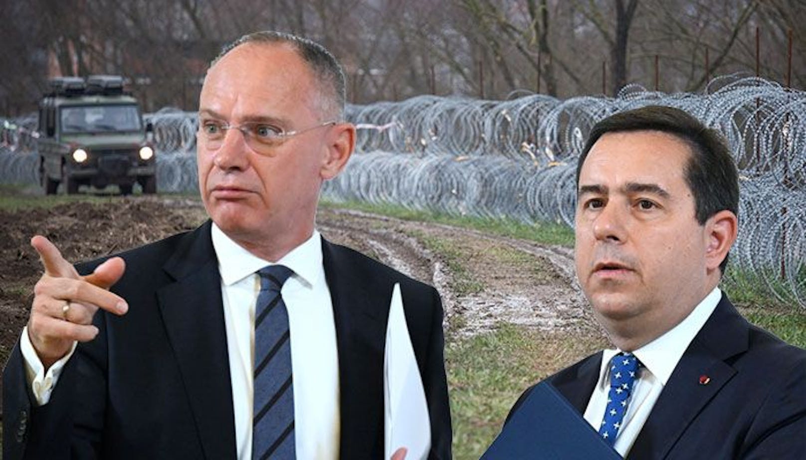 Griechenlands Migrationsminister Notis Mitarakis (rechts) und Innenminister Gerhard Karner am 12.01.2023 in Wien.