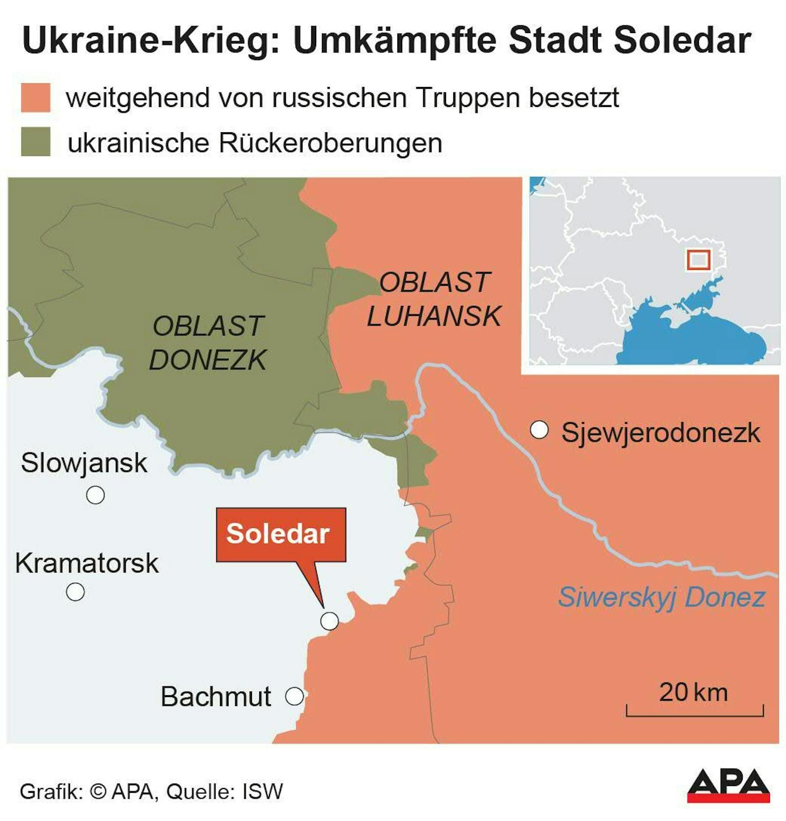 Soledar gilt als strategisch wichtige Stadt. Die Eroberung dürfte es der ukrainischen Armee erschweren, die Stadt Bachmut weiter zu versorgen.&nbsp;