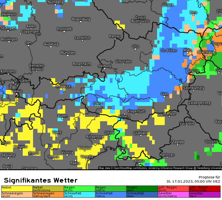 Eine Schneewalze rollt am Dienstagfrüh über Österreich hinweg. In Blautönen Schneefall, in Orange Schneeregen.